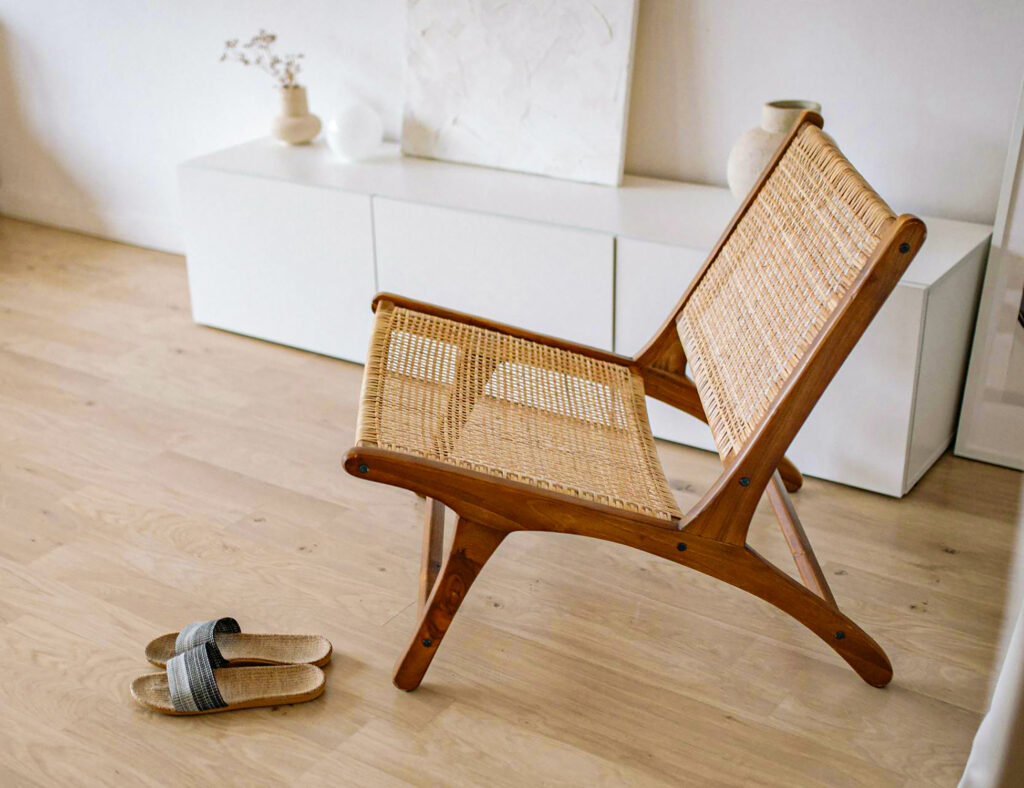 Rattan chair on a hardwood floor