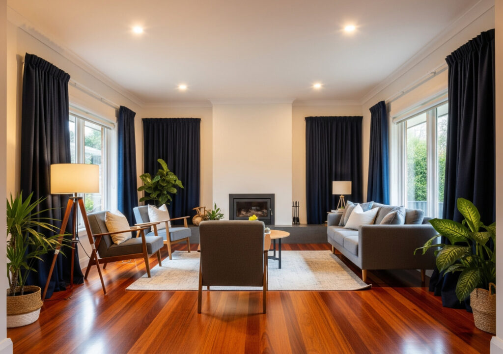 Navy curtains with Jarrah floors